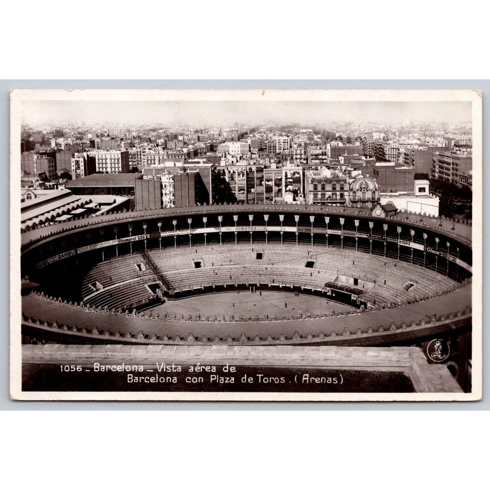 RPPC Barcelona Spain Plaza de Toros Las Arenas Aerial View Real Photo Postcard